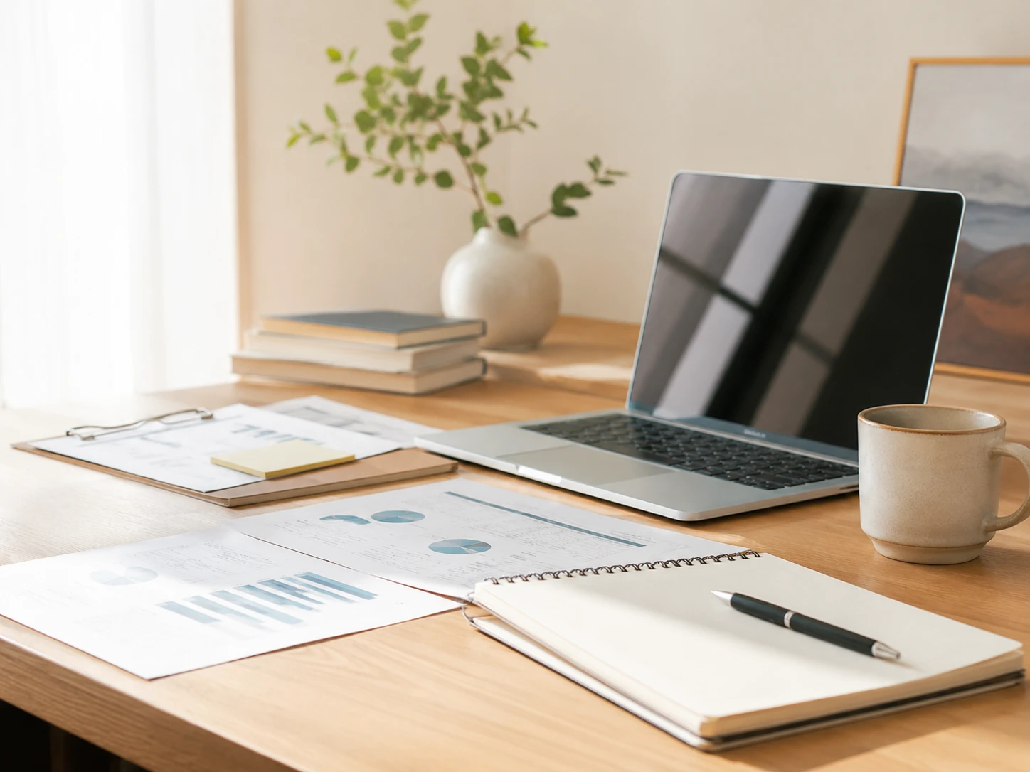 A patient advocate's desk — medical paperwork, a laptop, notebook and coffee