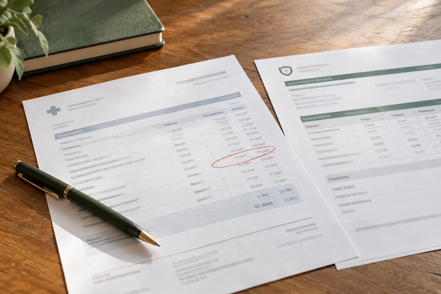 A printed medical bill with one line circled in red beside a benefits statement, a pen and a green book