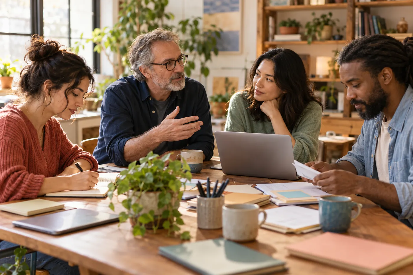 Four people working together at a wooden table with notebooks, a laptop and papers