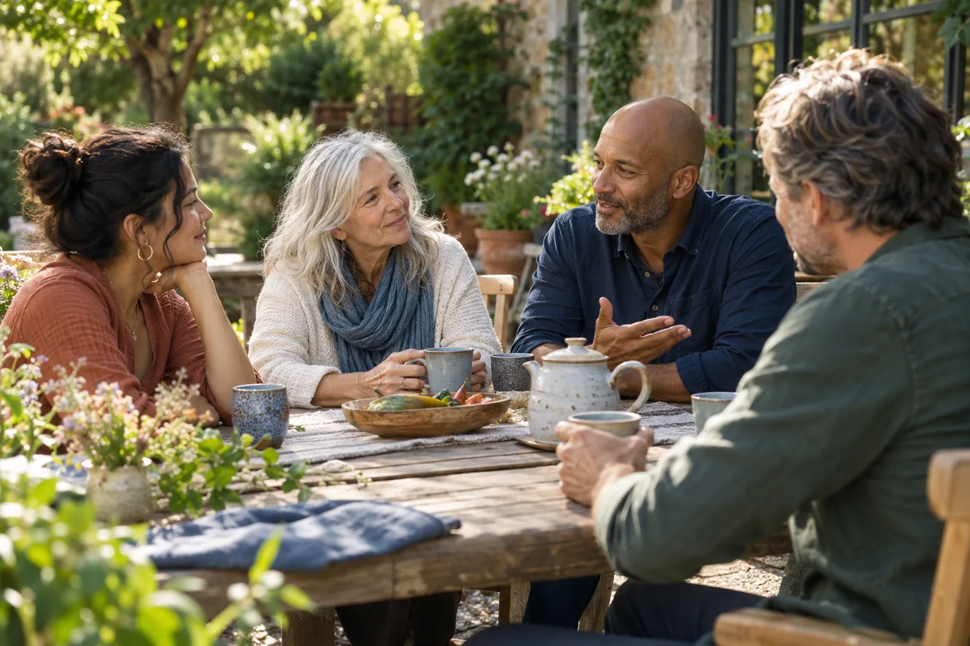 Friends of different ages talking over tea at a garden table in the sun