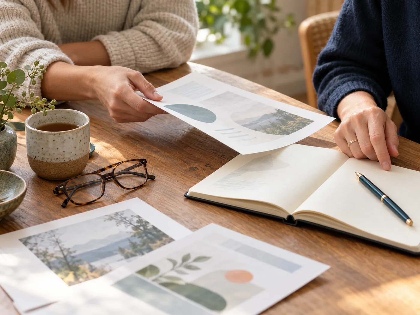 Two people at a wooden table passing printed notes to each other, a notebook and tea beside them