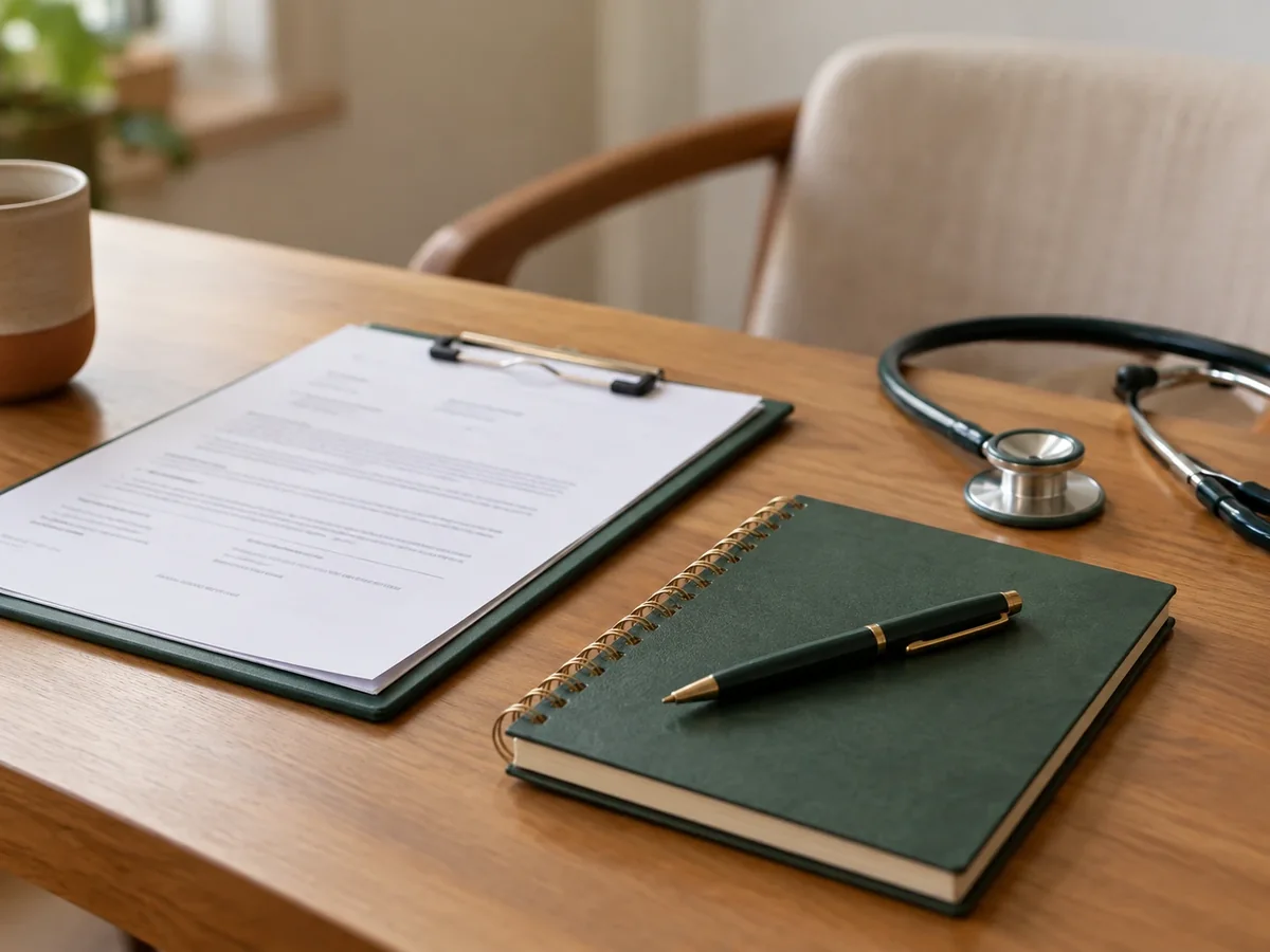 A clipboard with a printed form, a green notebook, a pen and a stethoscope on a wooden table
