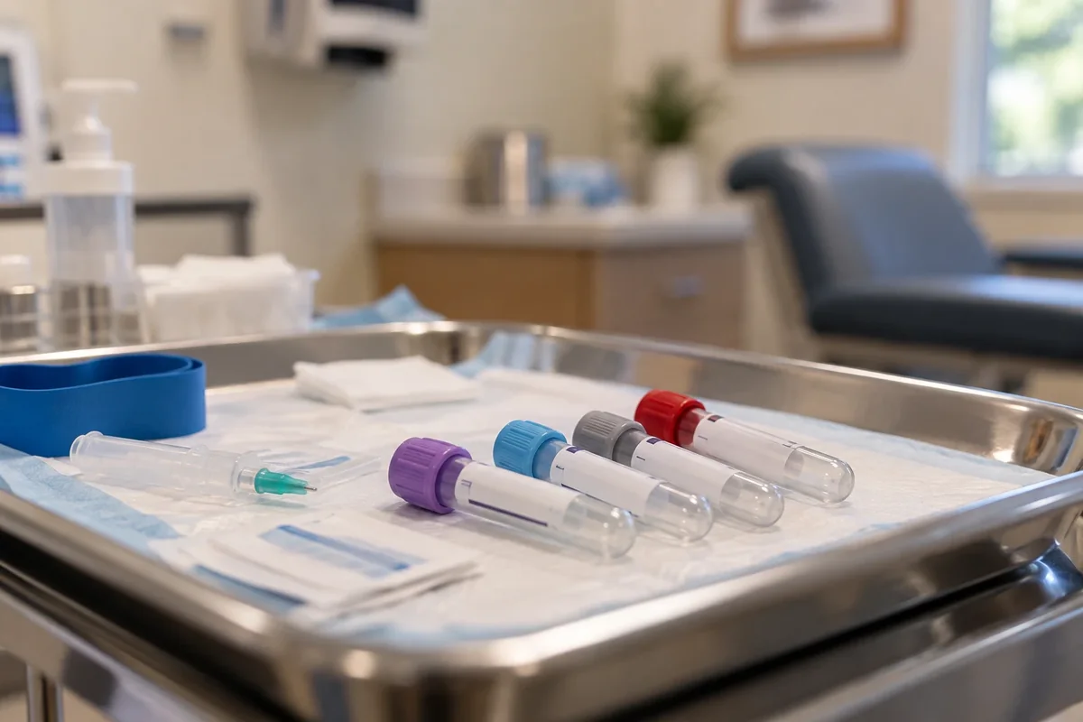 A steel tray in a clinic with colored blood collection tubes, a needle, gauze and a blue tourniquet band