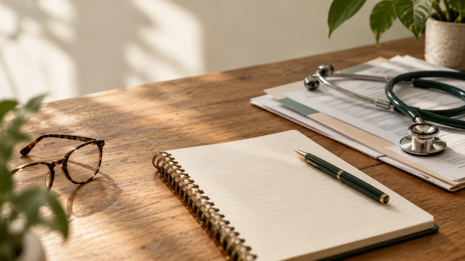 Un escritorio con luz natural, un cuaderno abierto, un bolígrafo, lentes, papeles médicos y un estetoscopio